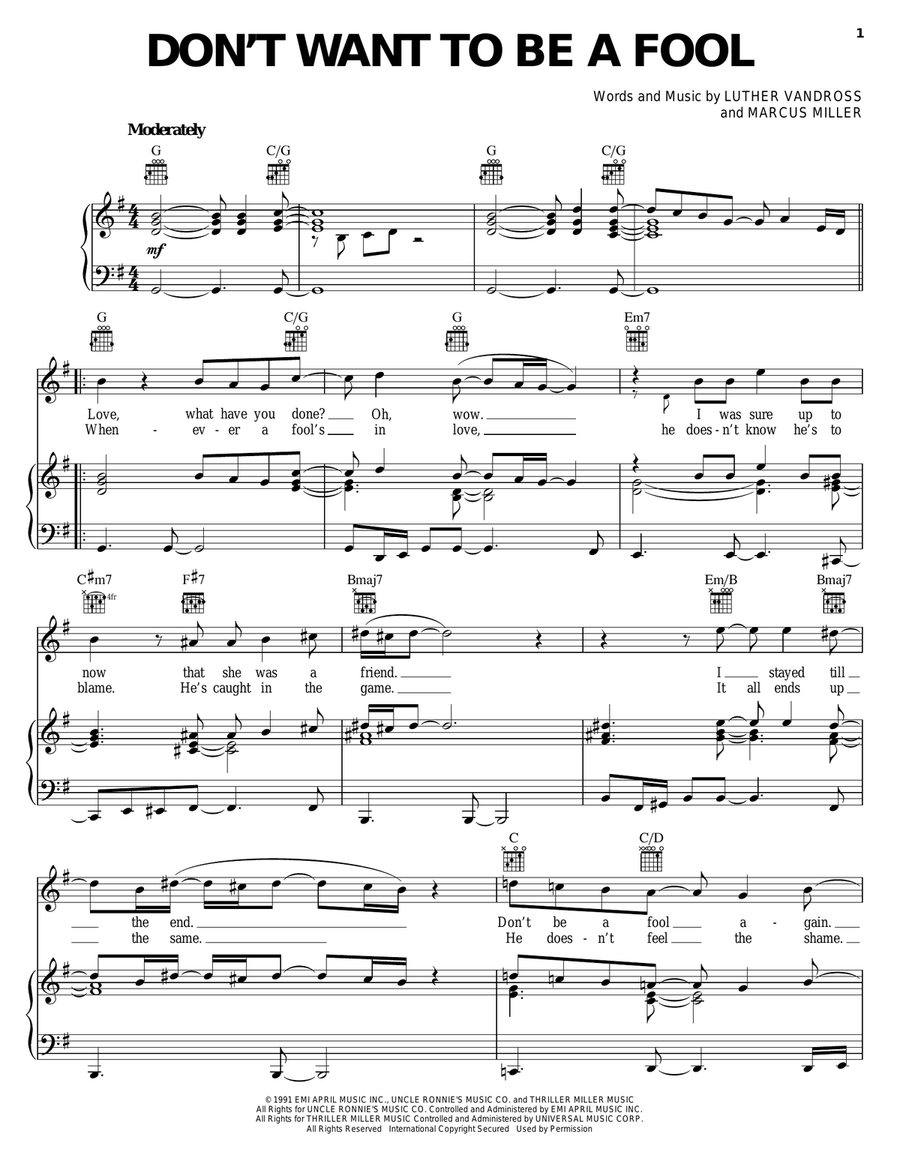 Don't Want To Be A Fool Piano, Vocal, Guitar scores gallery preview page 1