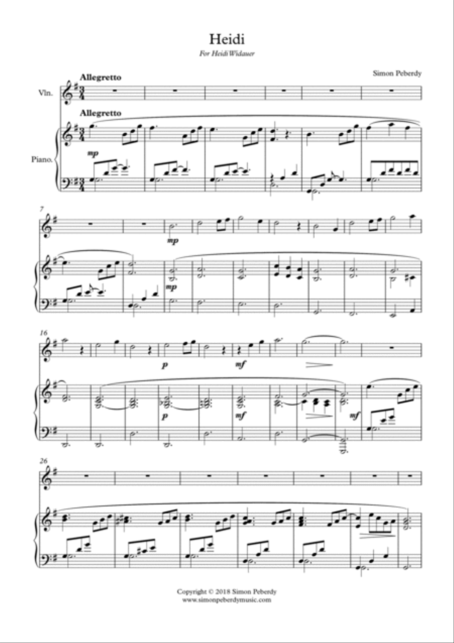 Heidi, for violin and piano by Simon Peberdy Violin Solo scores gallery preview page 3