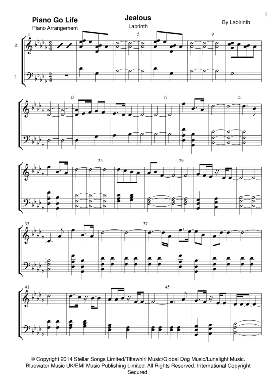 Jealous Piano Solo scores gallery preview page 1