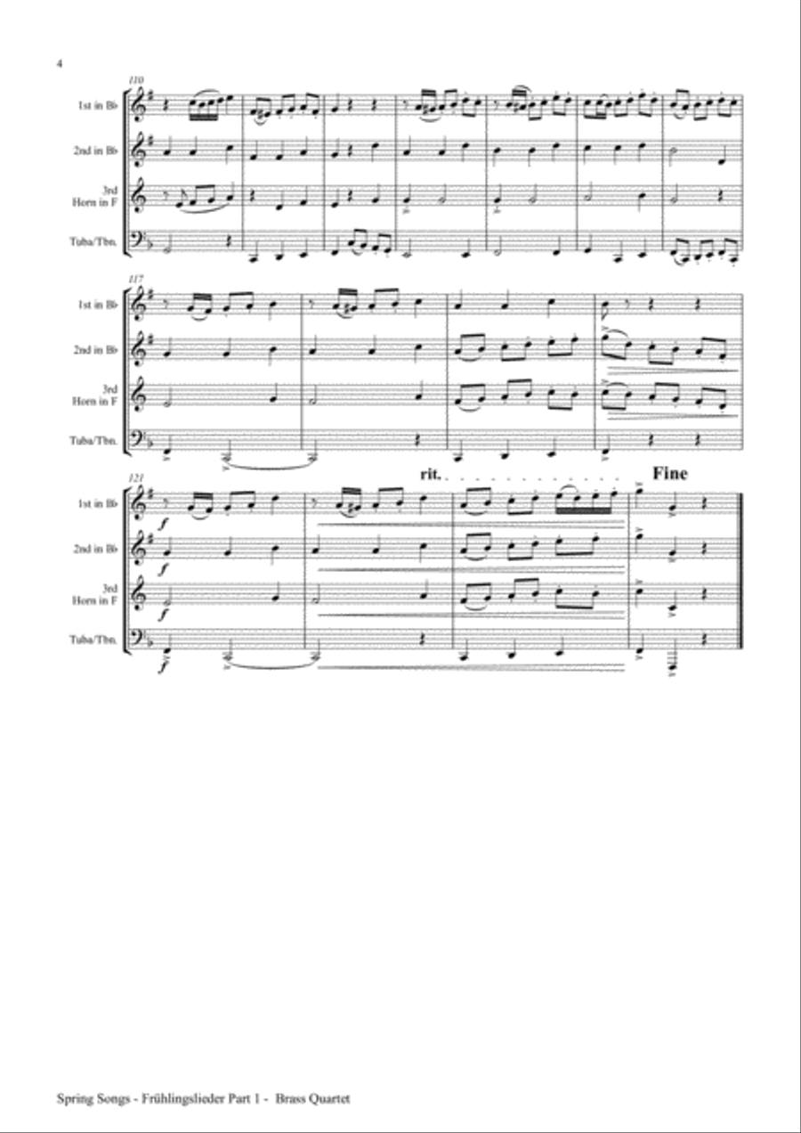 Spring Songs - Frühlingslieder - Part 1 - German Folk Songs - Brass Quartet Brass Quartet scores gallery preview page 4