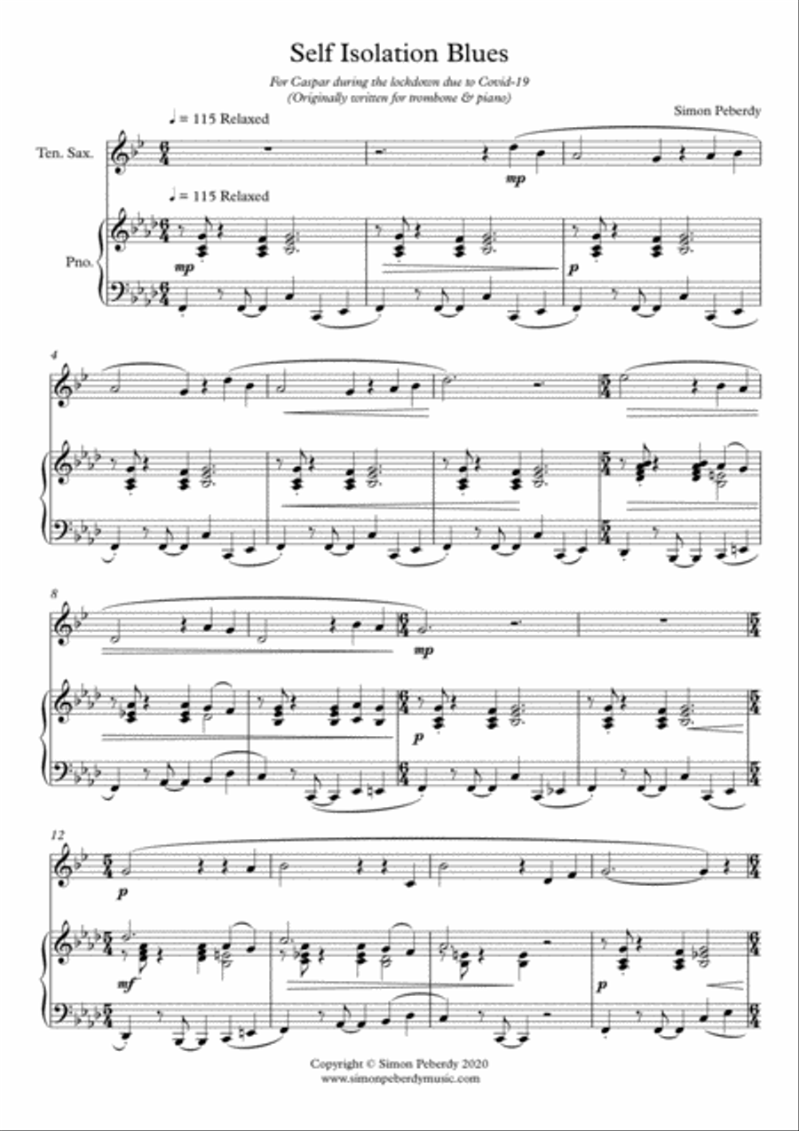 Self Isolation Blues for Tenor Saxophone by Simon Peberdy Tenor Saxophone scores gallery preview page 2