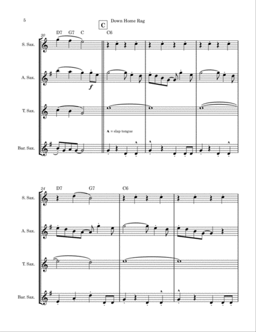 Down Home Rag (Saxophone Quartet) Saxophone Quartet scores gallery preview page 5