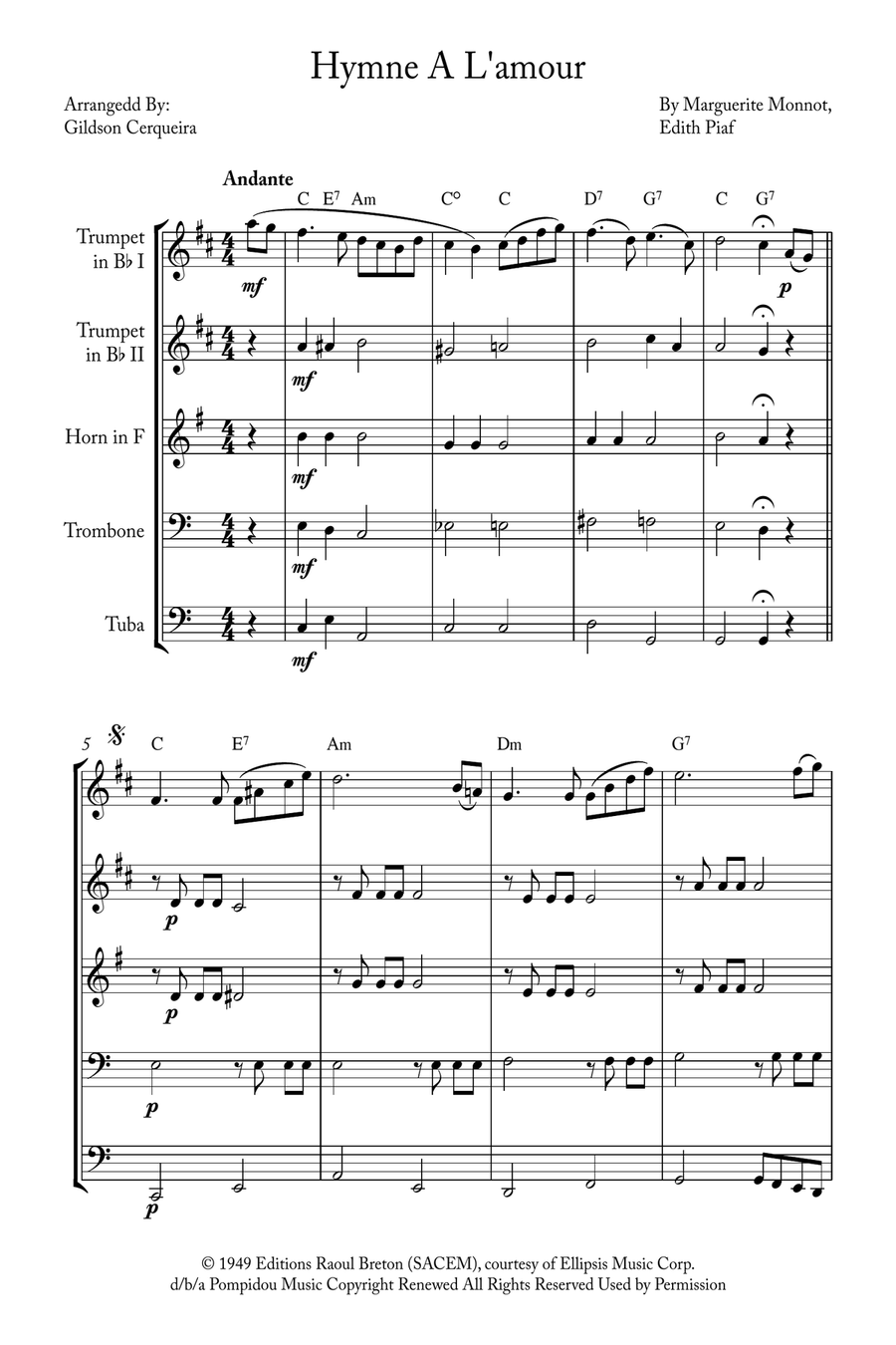 Hymne A L'amour Brass Quintet scores gallery preview page 1