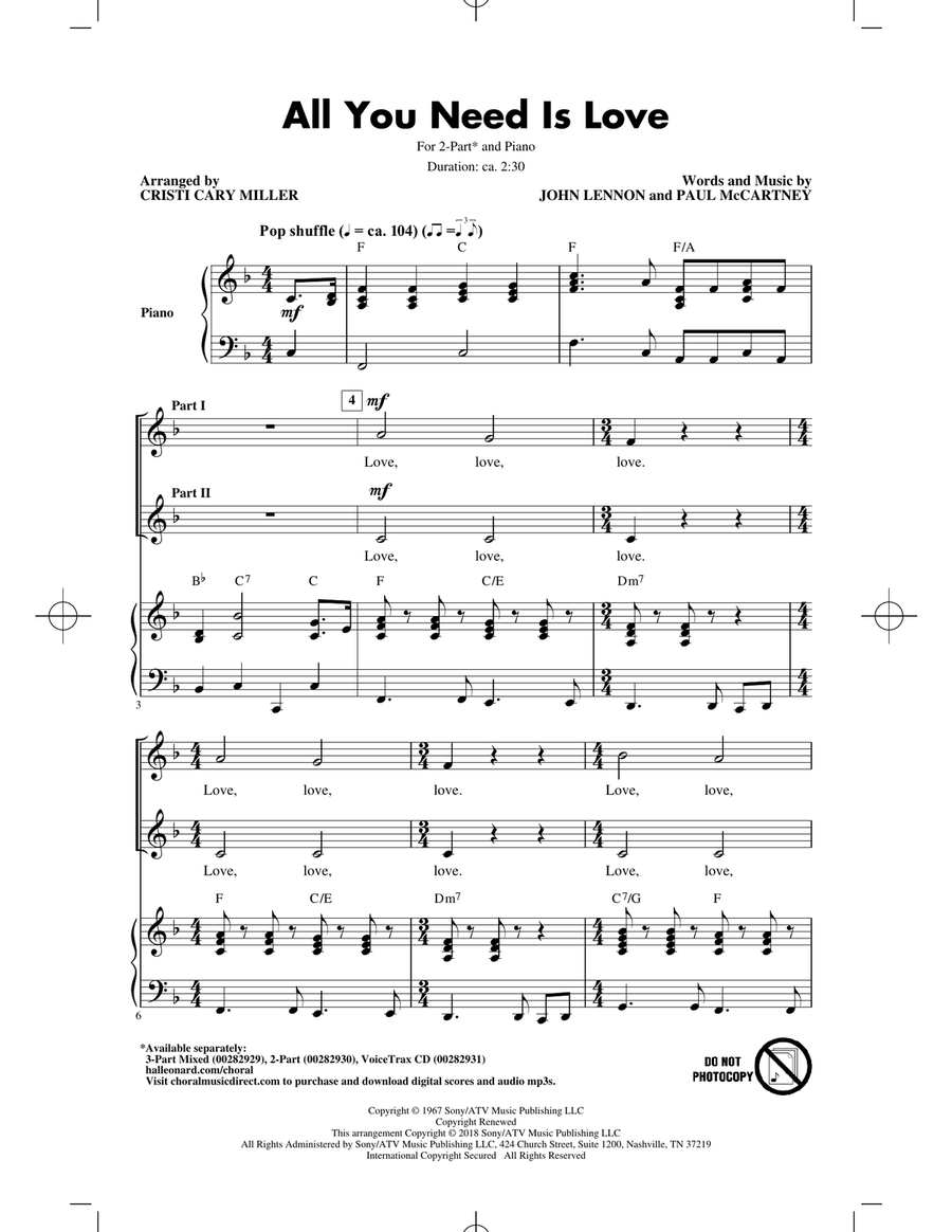 All You Need Is Love (arr. Cristi Cari Miller) 2-Part scores gallery preview page 1