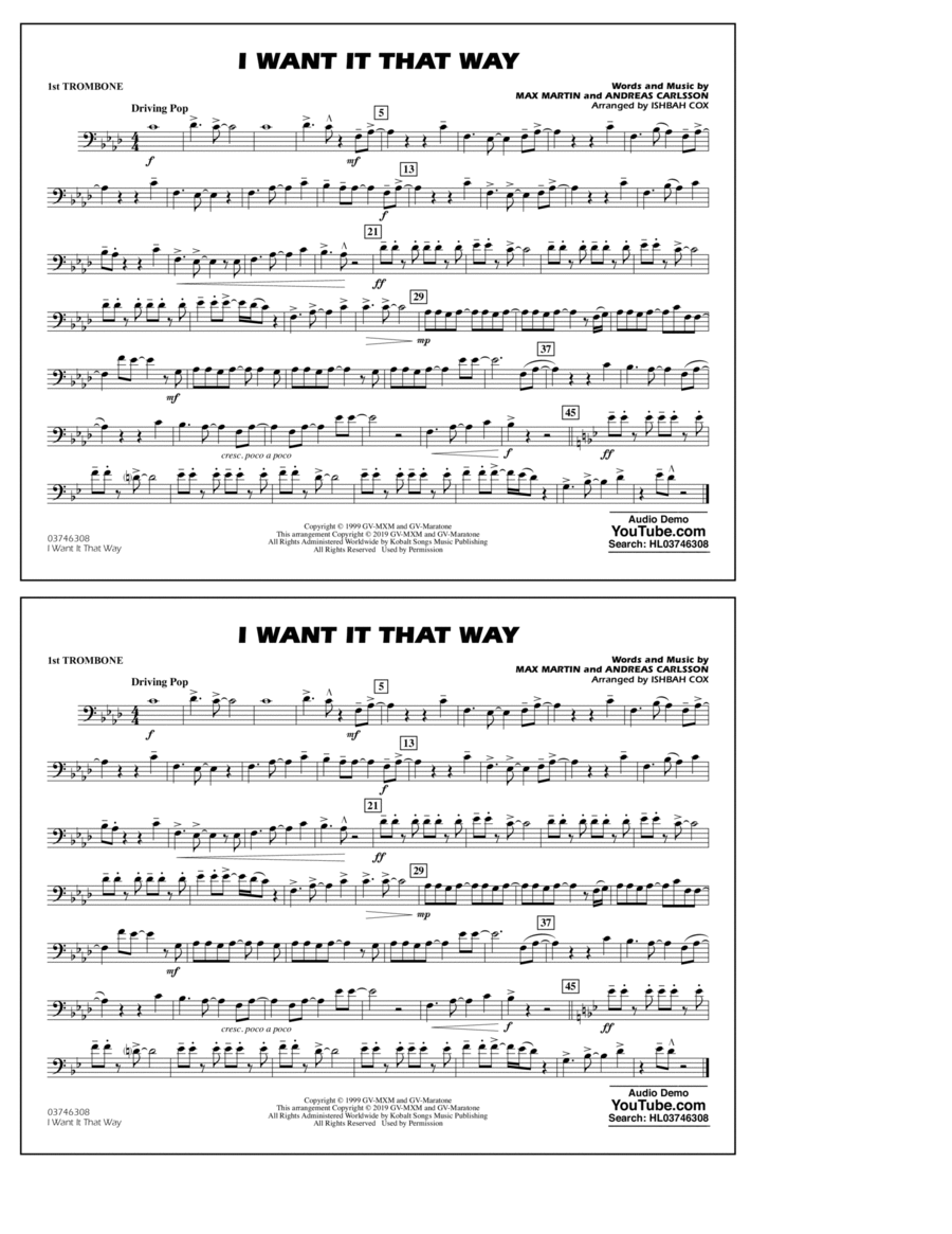 I Want It That Way (arr. Ishbah Cox) - 1st Trombone Trombone scores gallery preview page 1