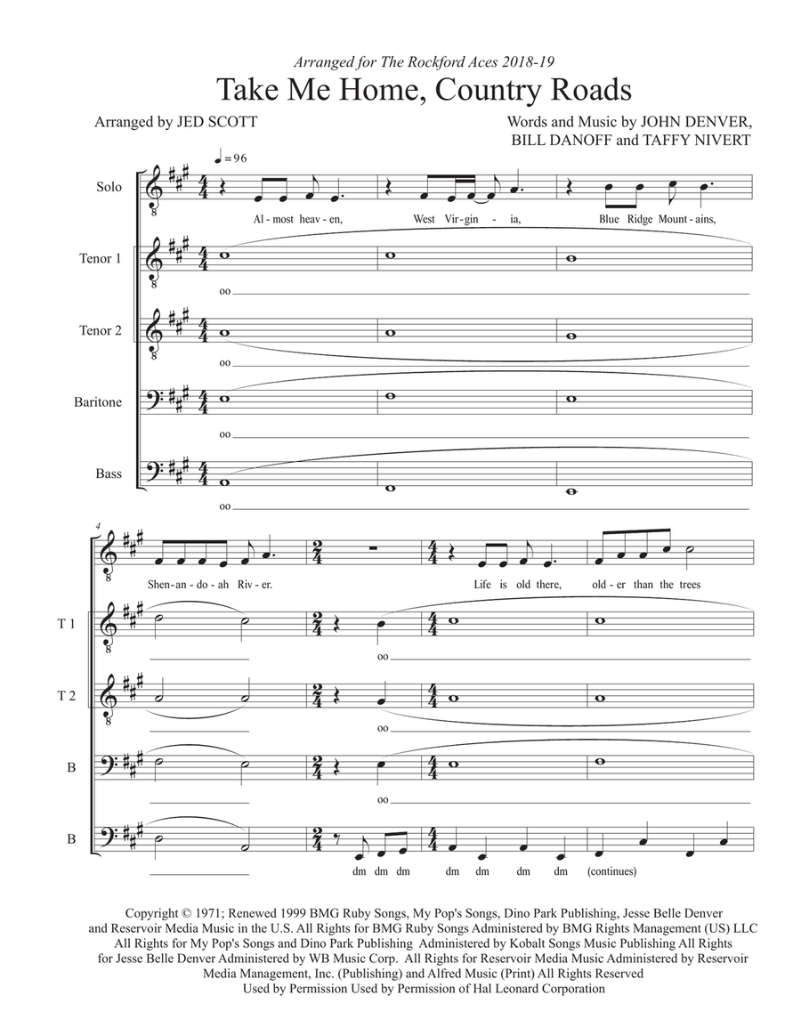 Take Me Home, Country Roads TTBB scores gallery preview page 1