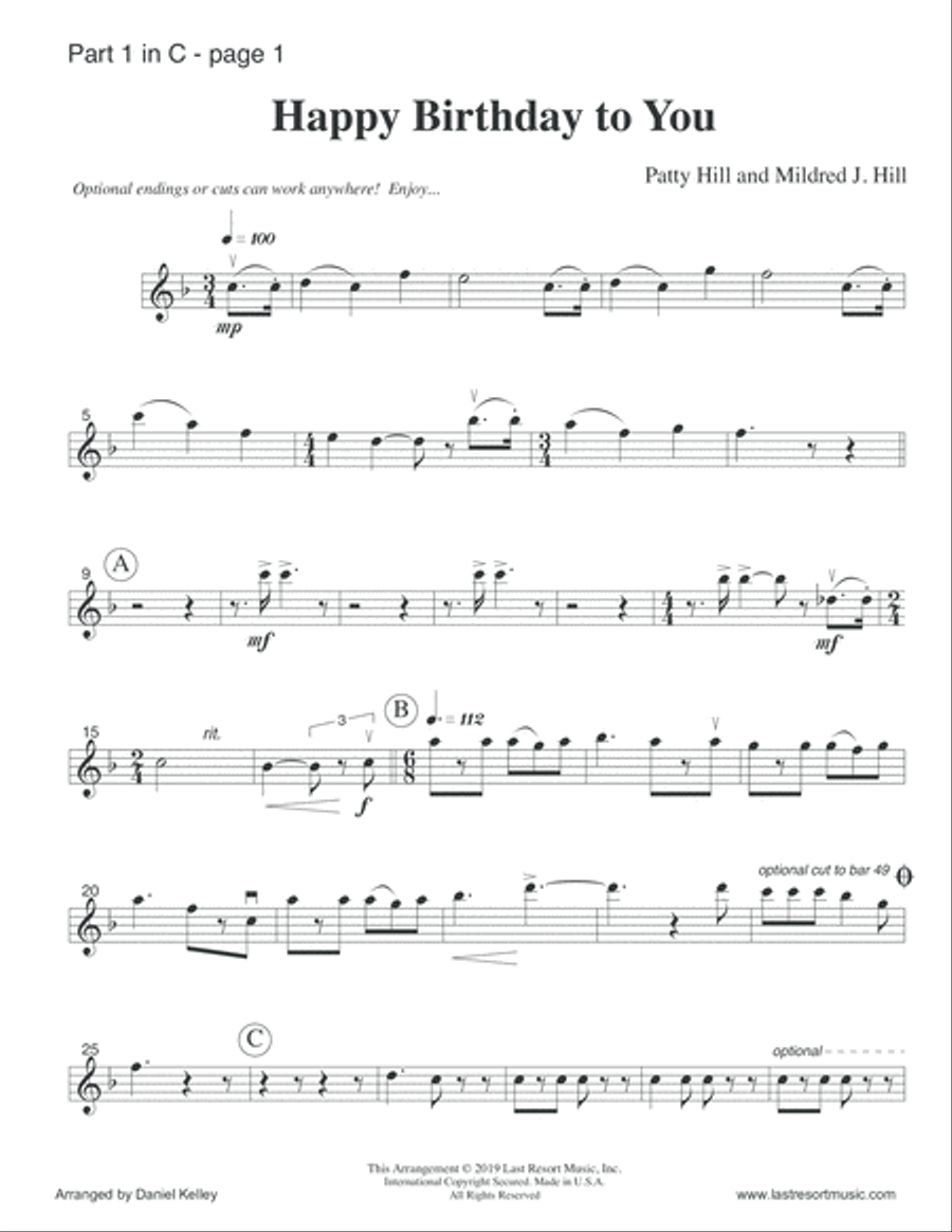 Happy Birthday to You for Wind Quartet (Mixed Quartet, Double Reed Quartet, or Clarinet Quartet) Mus Clarinet Quartet scores gallery preview page 4