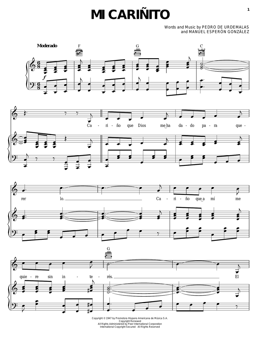 Mi Carinito Mi Carinito Piano, Vocal, Guitar scores gallery preview page 1