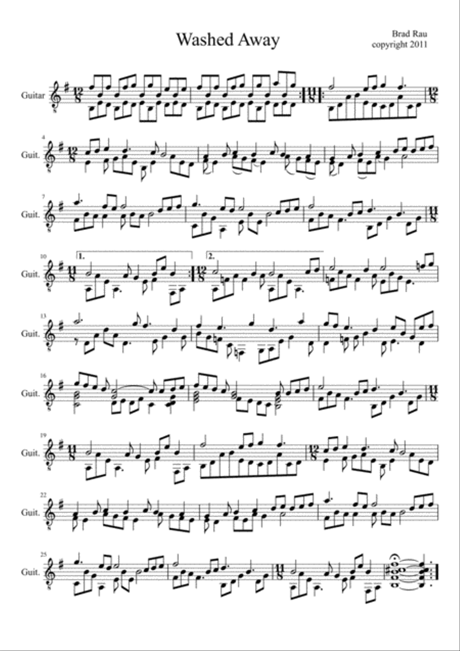 Washed Away by Brad Rau Classical Guitar scores gallery preview page 1