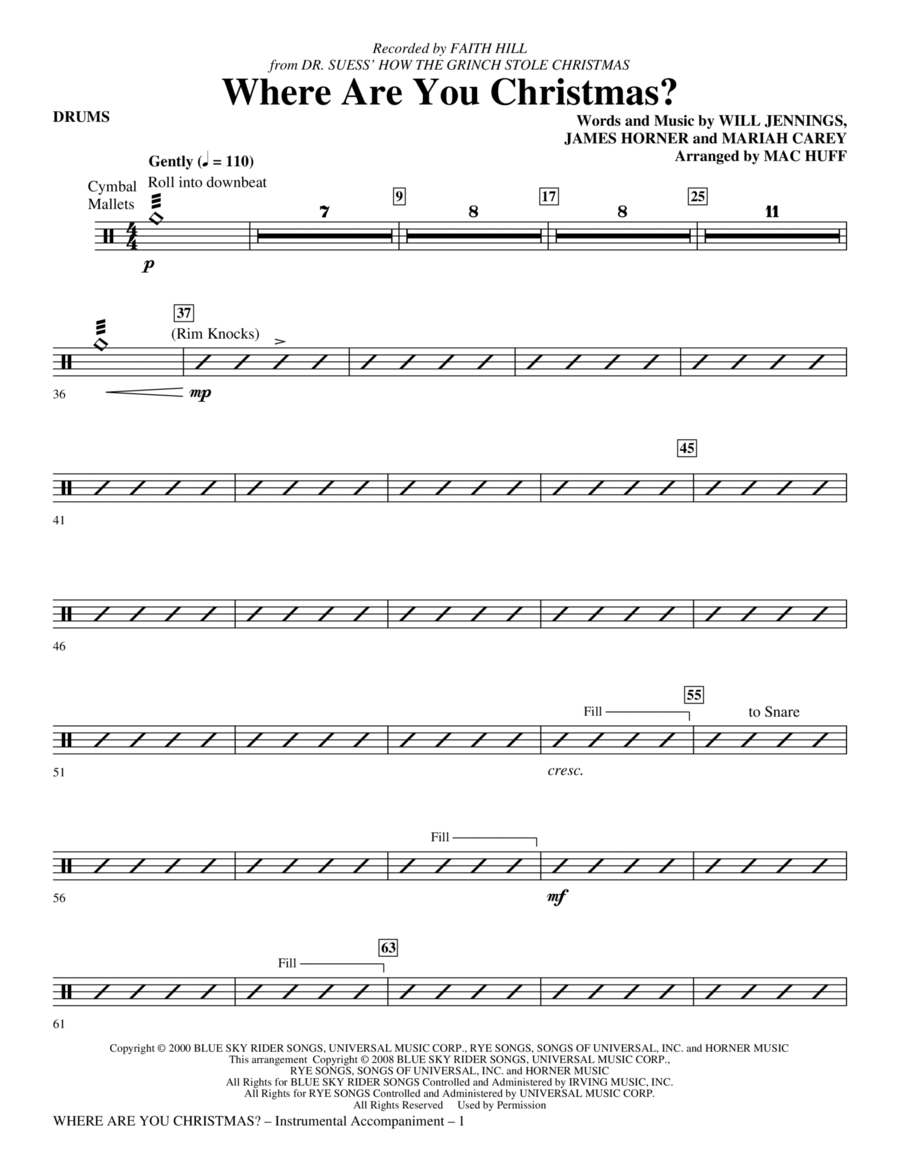 Where Are You Christmas? (arr. Mac Huff) (from How The Grinch Stole Christmas) - Drums Choir scores gallery preview page 1