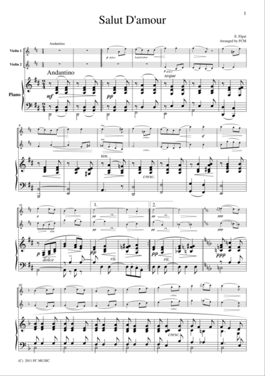 Elgar Salut D'amour, for 2 Violins & Piano, VN206 Violin Solo scores gallery preview page 1