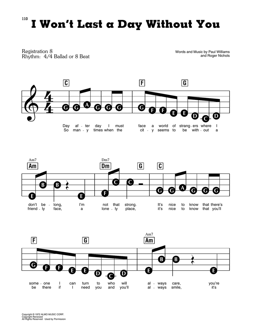 I Won't Last A Day Without You Electronic Keyboard scores gallery preview page 1