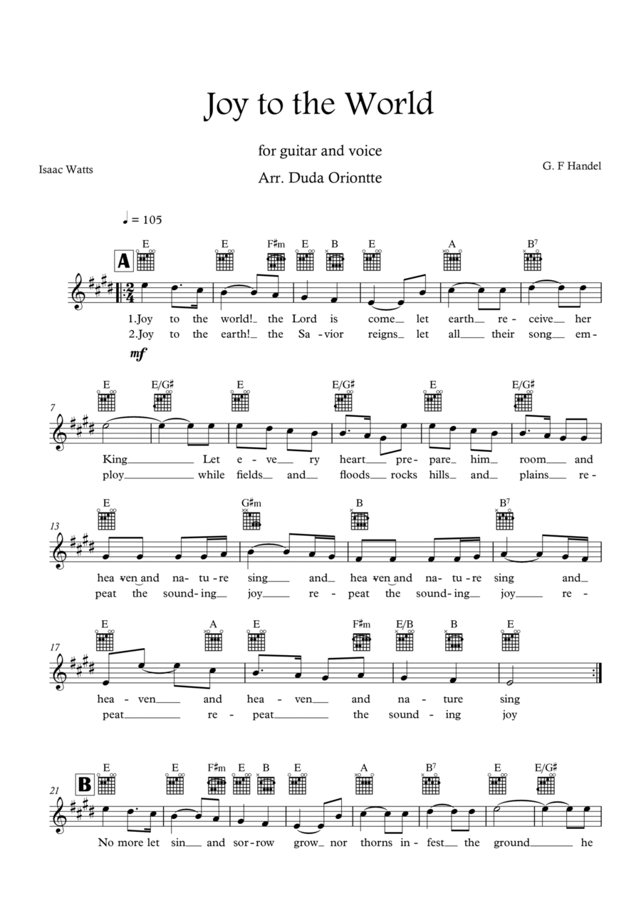 Joy to the World (E major - TABS - with lyrics) Classical Guitar scores gallery preview page 1