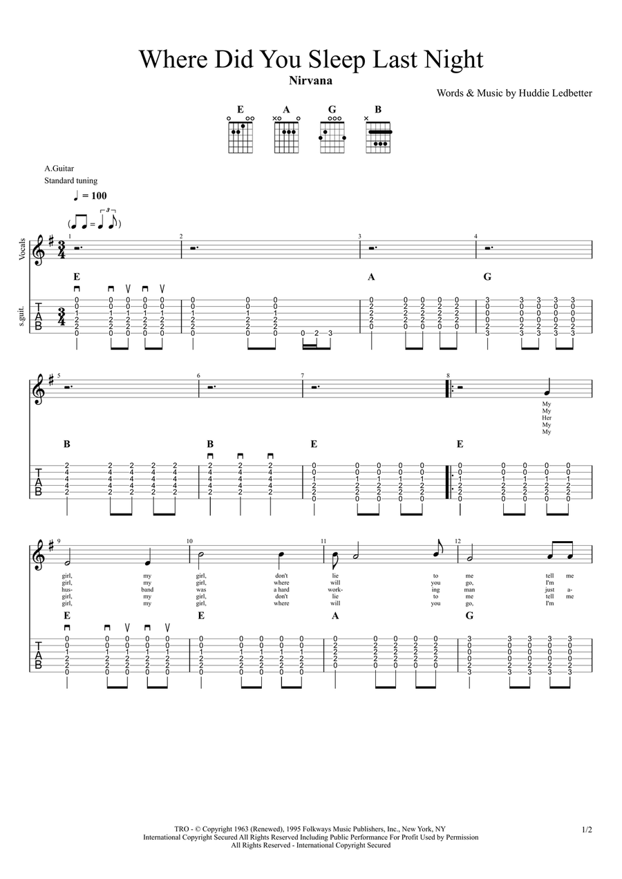 Where Did You Sleep Last Night Guitar scores gallery preview page 1