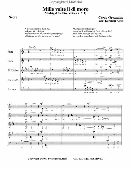 Mille volte il dì moro (for woodwind quintet)