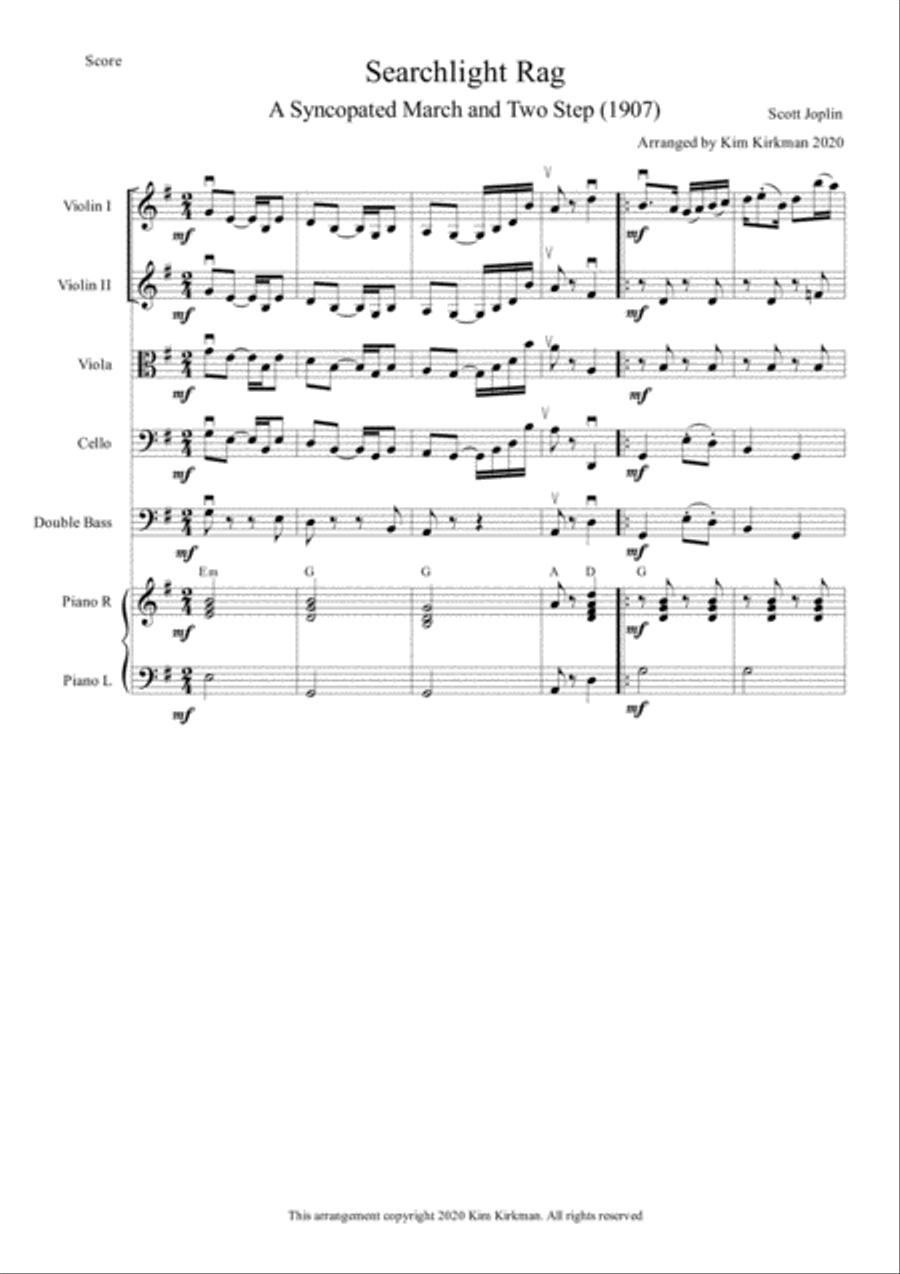 Searchlight Rag - Scott Joplin for string quartet/orchestra with optional piano Cello scores gallery preview page 1