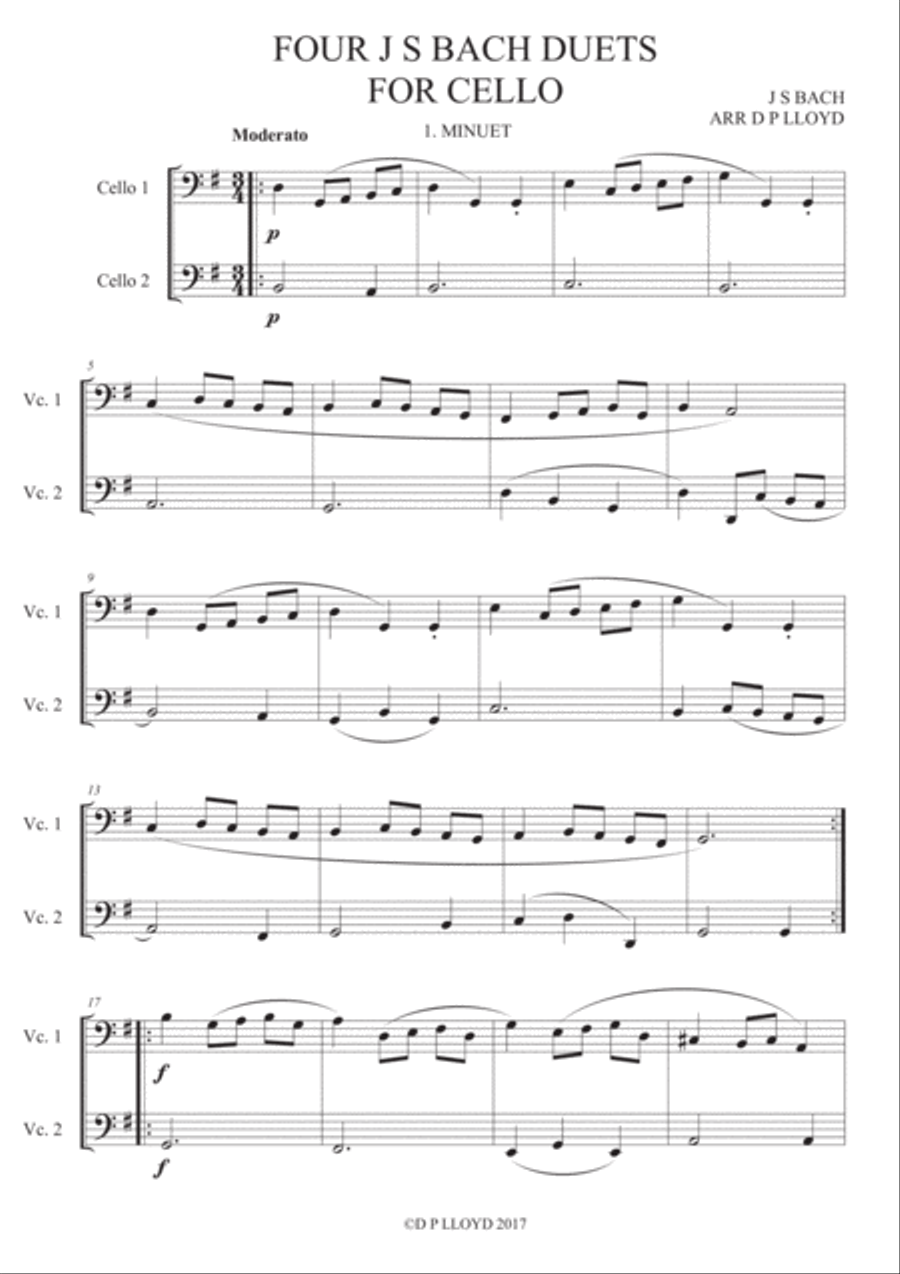 Cello duets - 4 duets from Bach's 'Little notebook'. String Duet scores gallery preview page 1