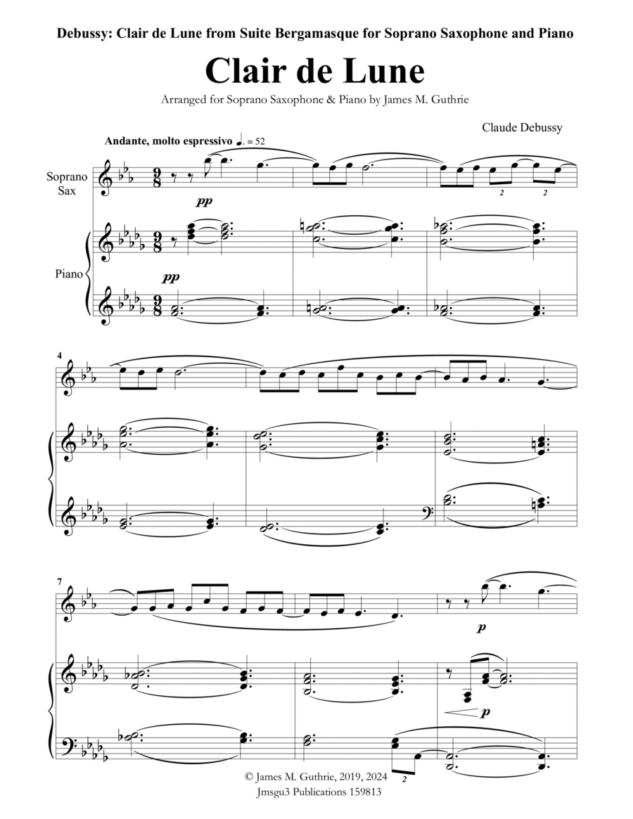 Debussy: Clair de Lune for Soprano Sax and Piano Soprano Saxophone scores gallery preview page 1