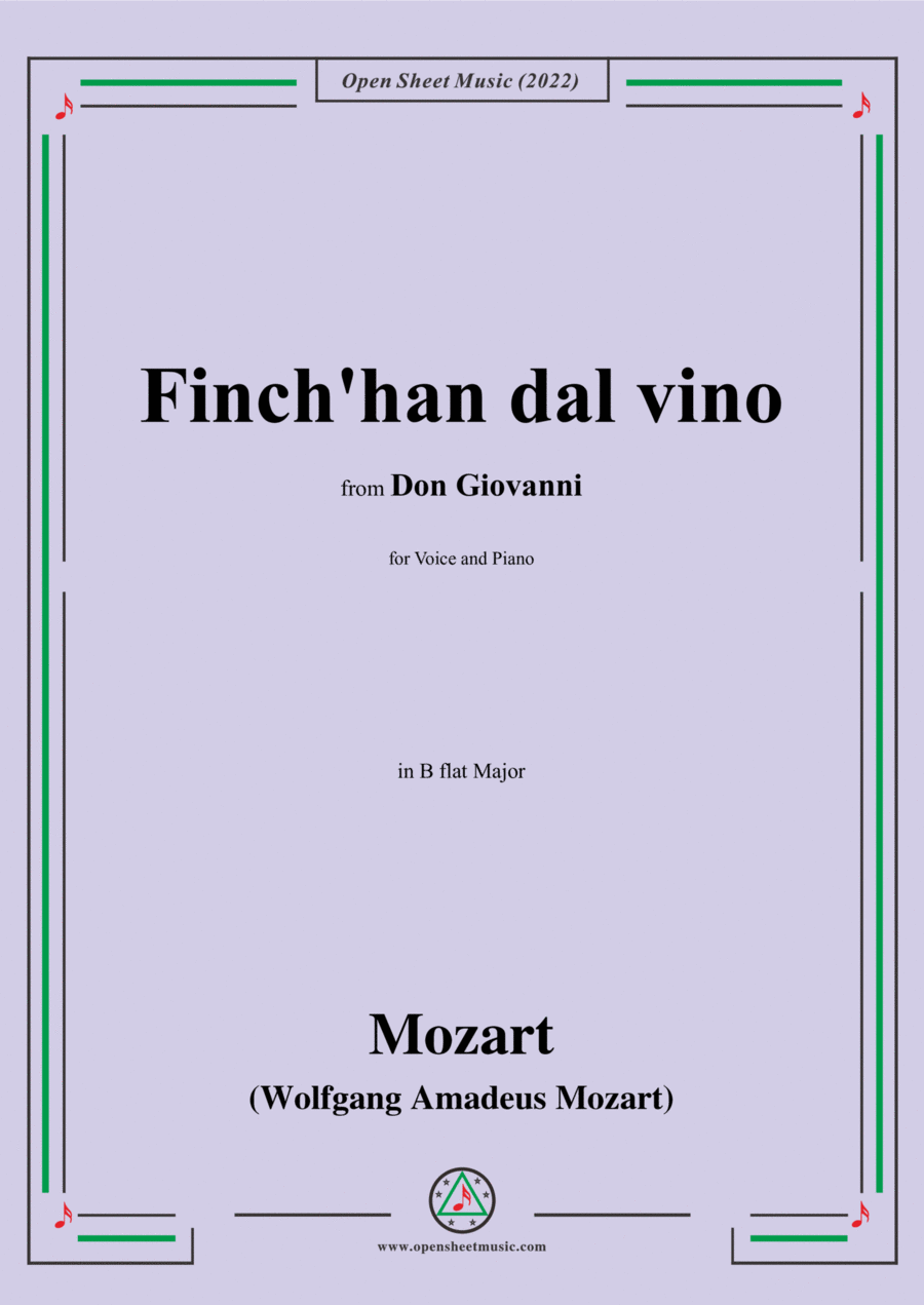 Mozart-Finch'han dal vino,from 'Don Giovanni,K.527',in B flat Major,for Voice and Piano Voice Solo scores gallery preview page 1