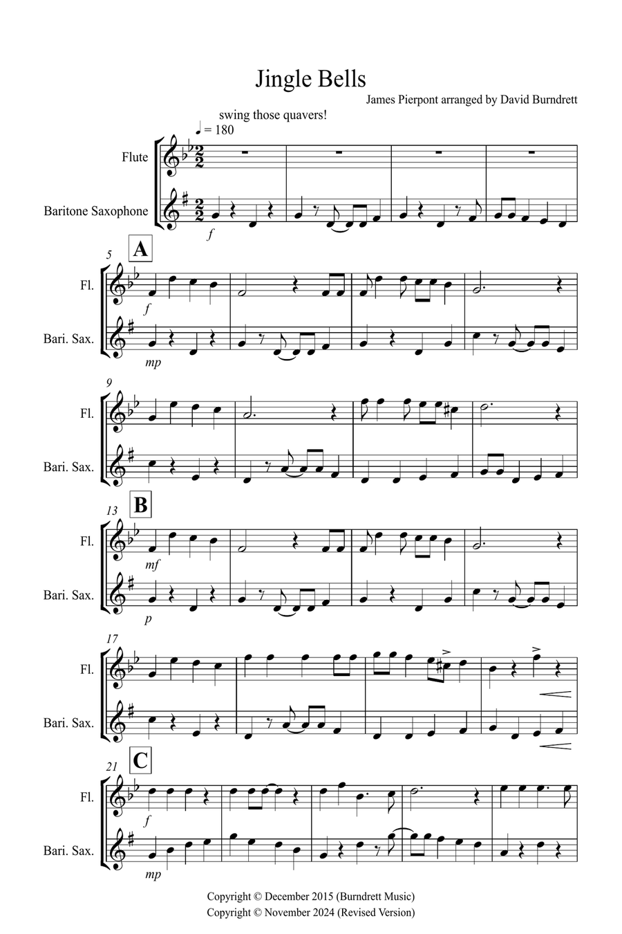 Jingle Bells (Jazzy Style!) for Flute and Baritone Saxophone Duet Woodwind Duet scores gallery preview page 1