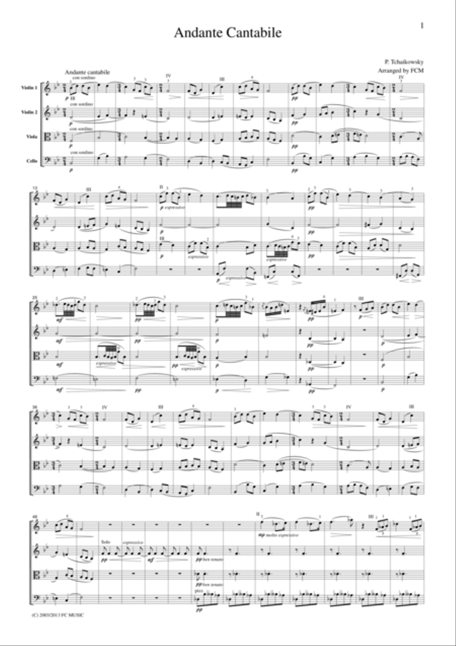 Tchaikowsky Andante Cantabile, String Quartet No.1, 2nd mvt., for string quartet, CT004 String Quartet scores gallery preview page 1