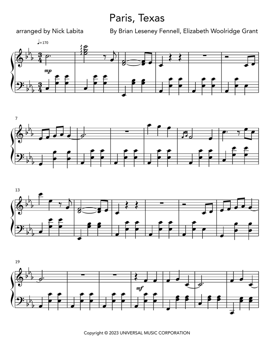 Paris, Texas Piano Solo scores gallery preview page 1