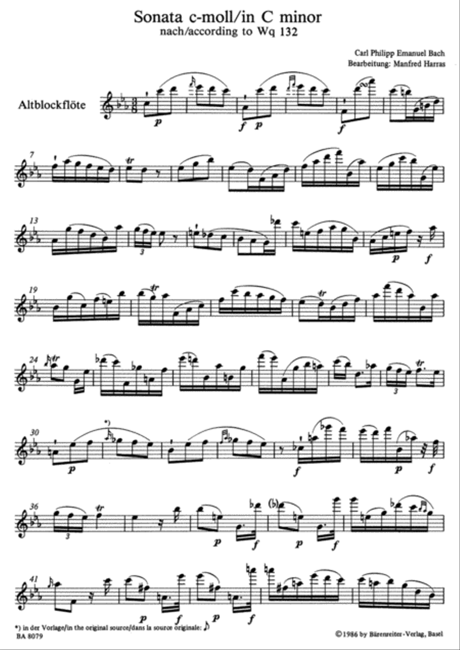 Sonata for Solo Treble Recorder c minor Wq 132 Alto Recorder scores gallery preview page 2