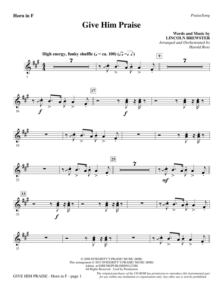 Give Him Praise - F Horn Choir scores gallery preview page 1