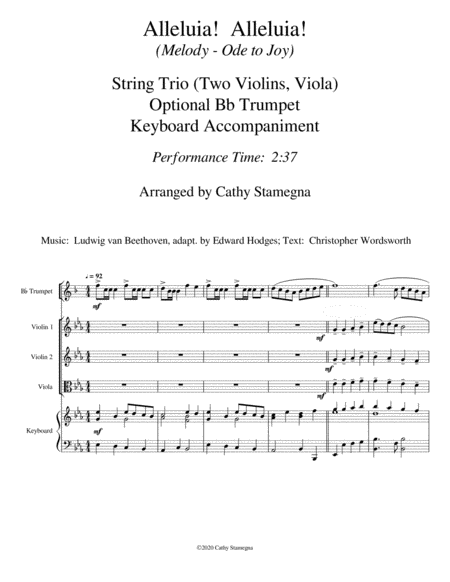 Alleluia! Alleluia! - (Ode to Joy) - String Trio (Two Violins, Viola), Acc., Opt. Bb Tpt. image number null