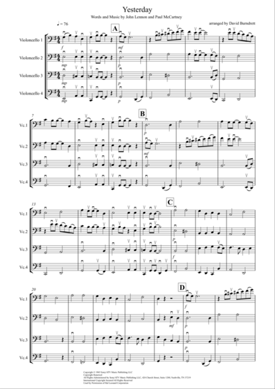 Yesterday Cello Solo scores gallery preview page 1