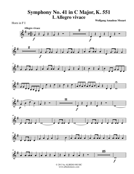 Mozart Symphony No. 41, Jupiter, Movement I - Horn in F 1 (Transposed Part), K. 551