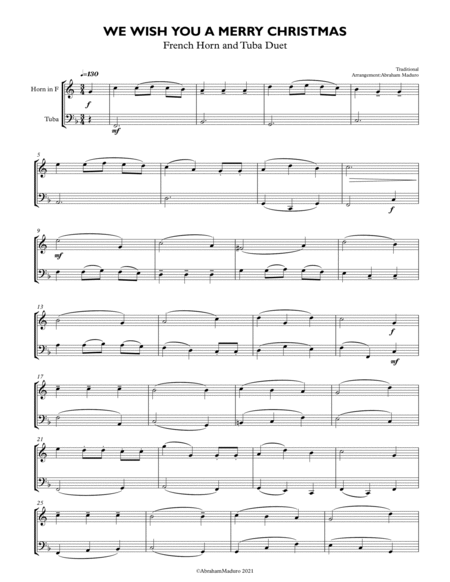 We Wish You a Merry Christmas-French Horn and Tuba Duet-Score and Parts image number null
