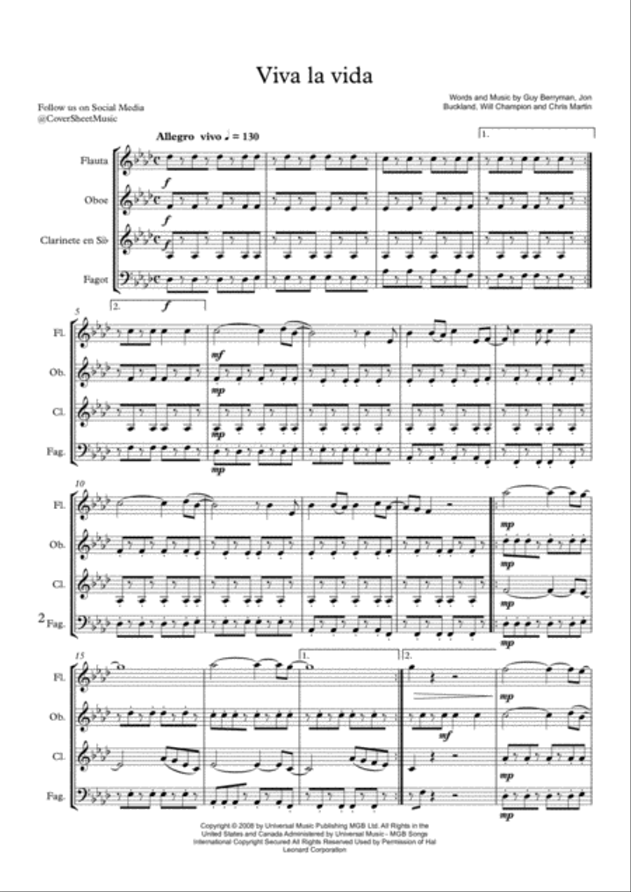 Viva La Vida Viva La Vida Woodwind Quartet scores gallery preview page 2