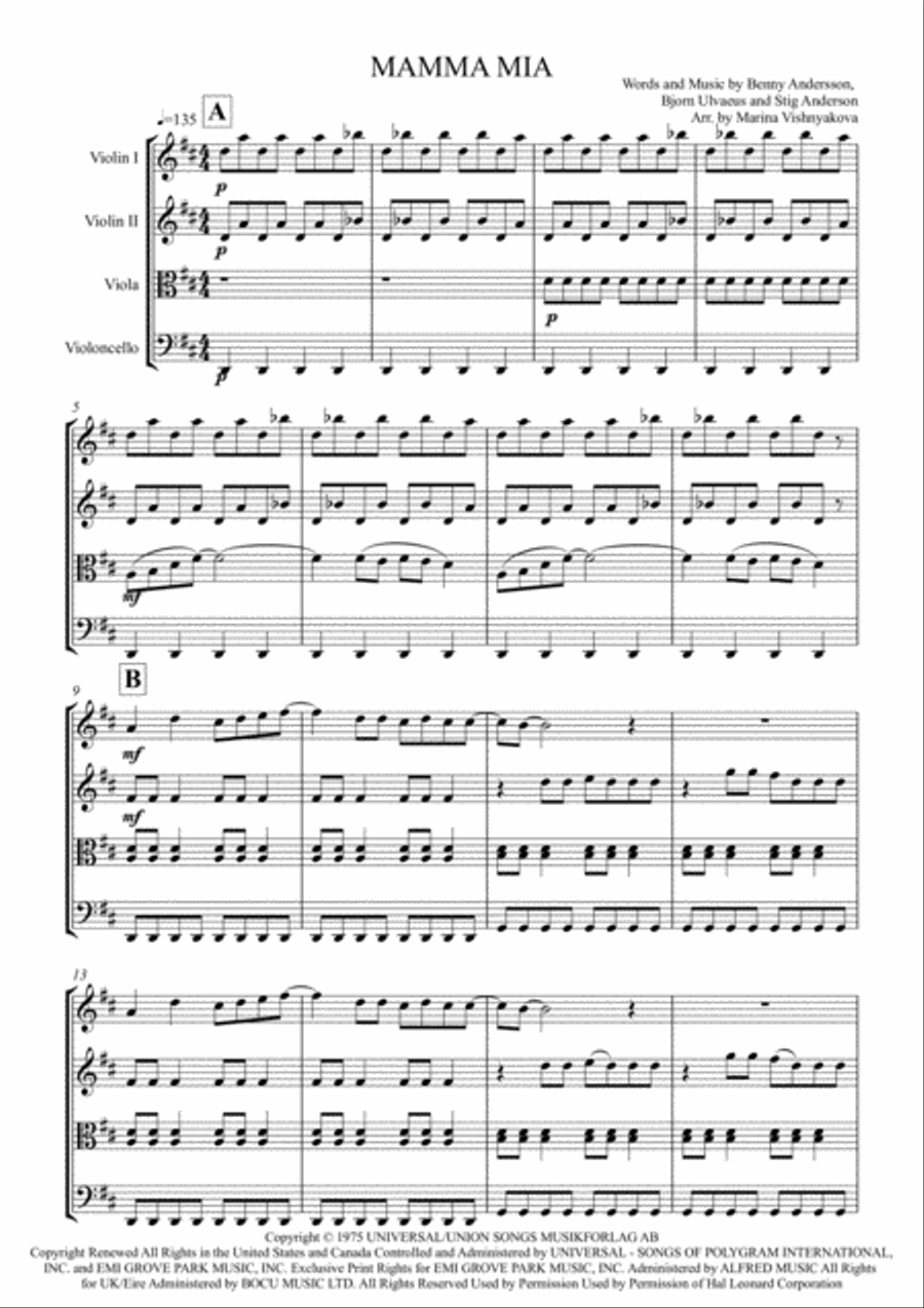 Mamma Mia Mamma Mia String Quartet scores gallery preview page 1