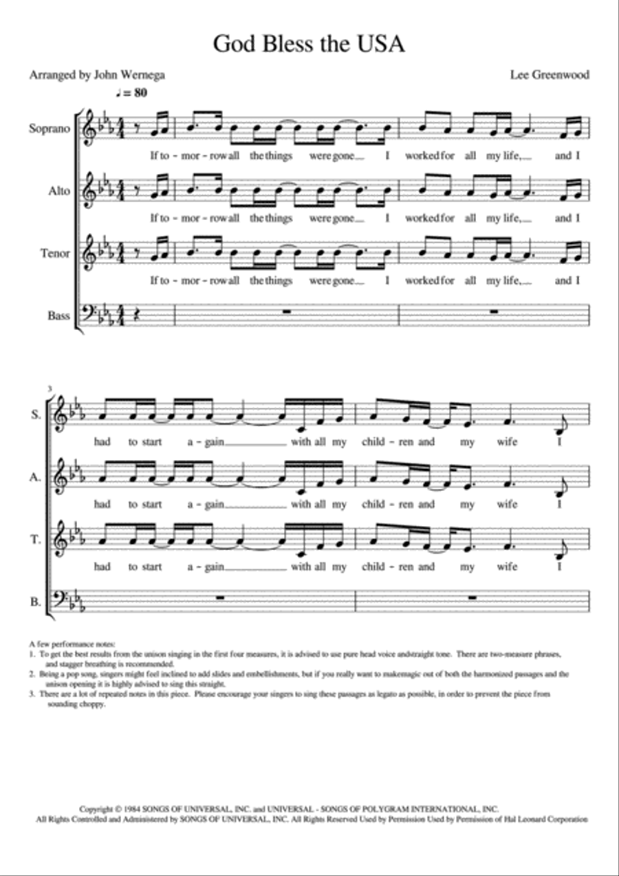 God Bless The U.S.A. 4-Part scores gallery preview page 1