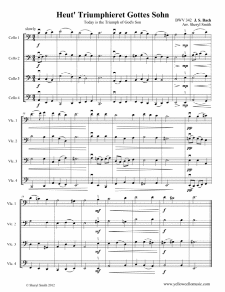 Bach's Heut' Triumphieret Gottes Sohn, arranged for intermediate cello quartet (four cellos)