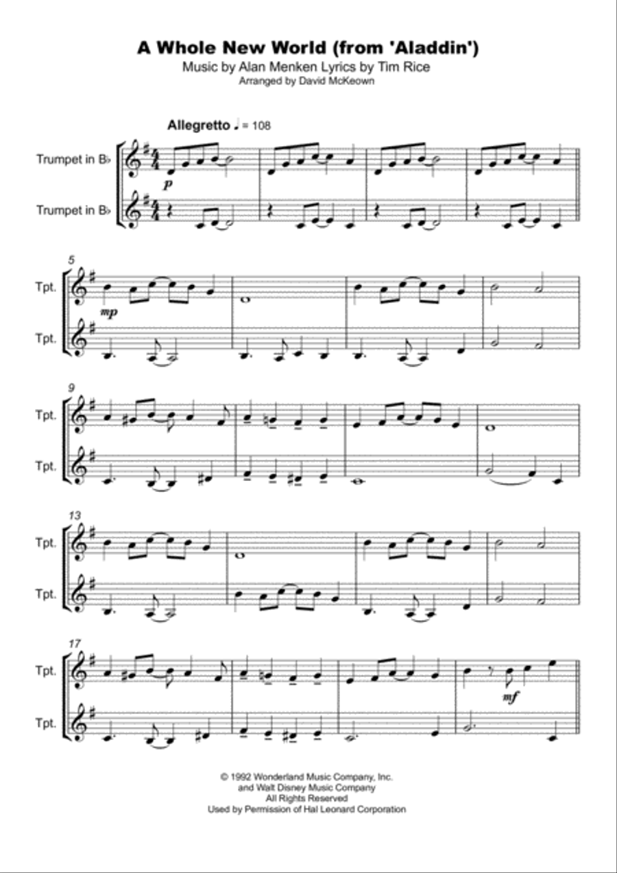 A Whole New World (from 'Aladdin') Trumpet Duet scores gallery preview page 2