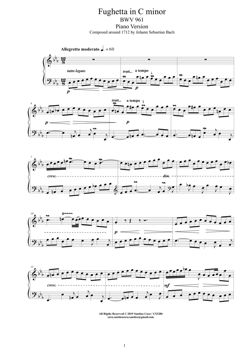 Bach - Fughetta in C minor BWV 961 - Piano version image number null