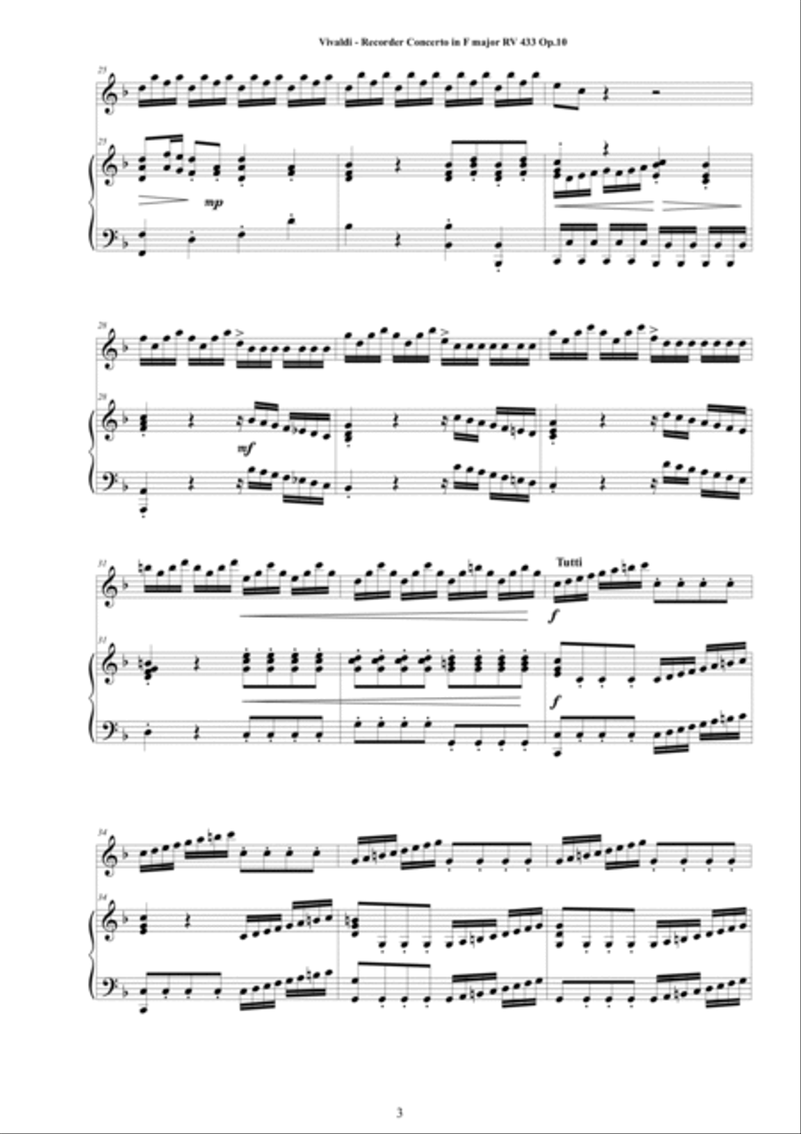 Vivaldi - Recorder Concerto No.1 in F major RV 433 Op.10 for Sopranino Recorder and Piano Alto Recorder scores gallery preview page 3