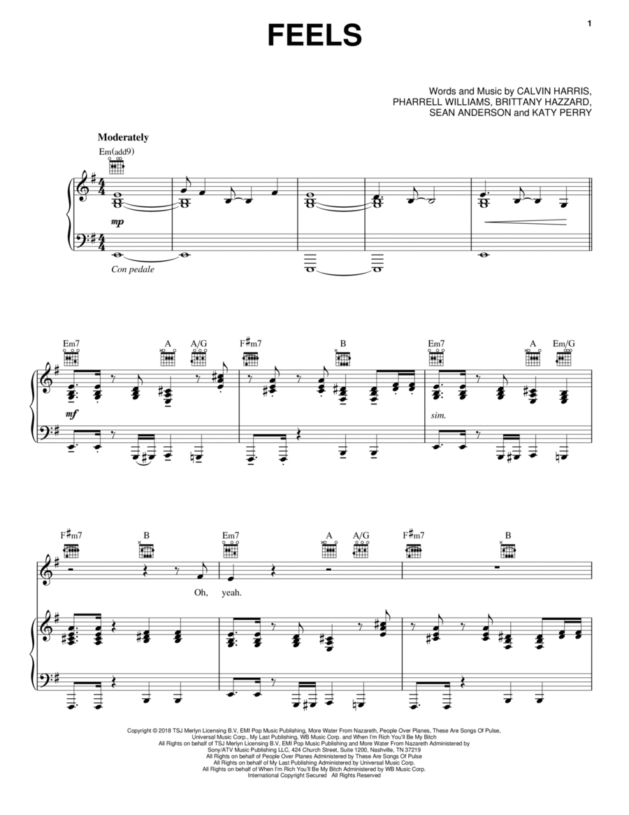 Feels (feat. Pharrell Williams, Katy Perry & Big Sean) Piano, Vocal, Guitar scores gallery preview page 1
