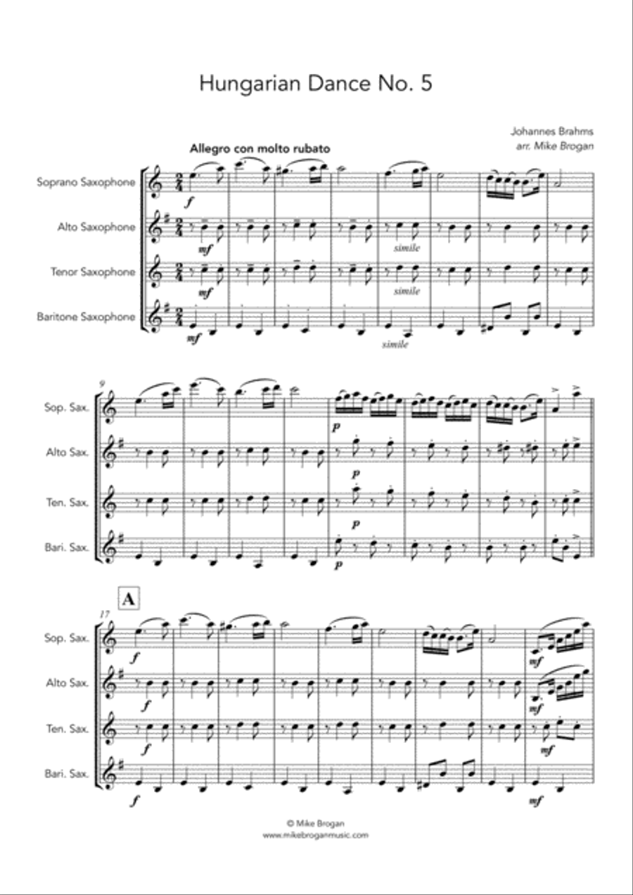 Hungarian Dance No. 5, Brahms - SATB saxophone quartet Saxophone Quartet scores gallery preview page 1