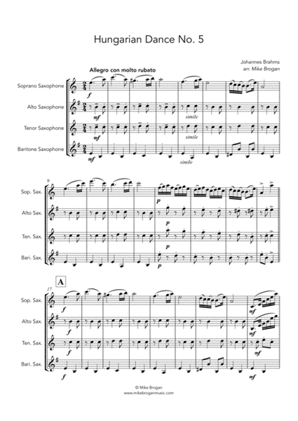 Hungarian Dance No. 5, Brahms - SATB saxophone quartet image number null
