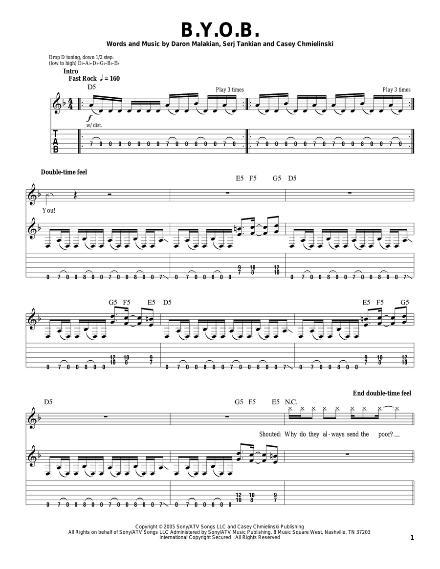 B.Y.O.B. by System of a Down Electric Guitar Digital Sheet