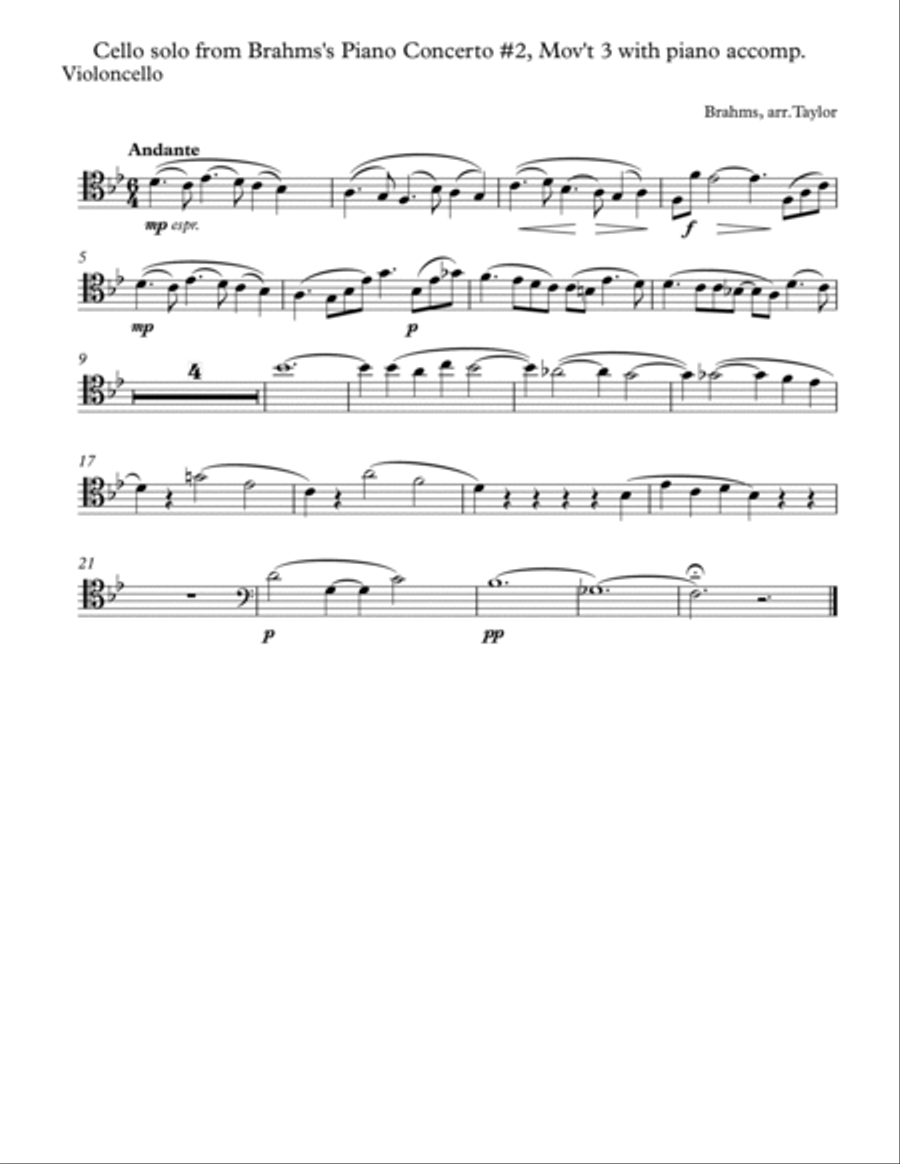 Brahms Cello solo from Piano Concerto #2 (Andante) Brahms Cello solo from Piano Concerto #2 (Andante) Piano scores gallery preview page 3