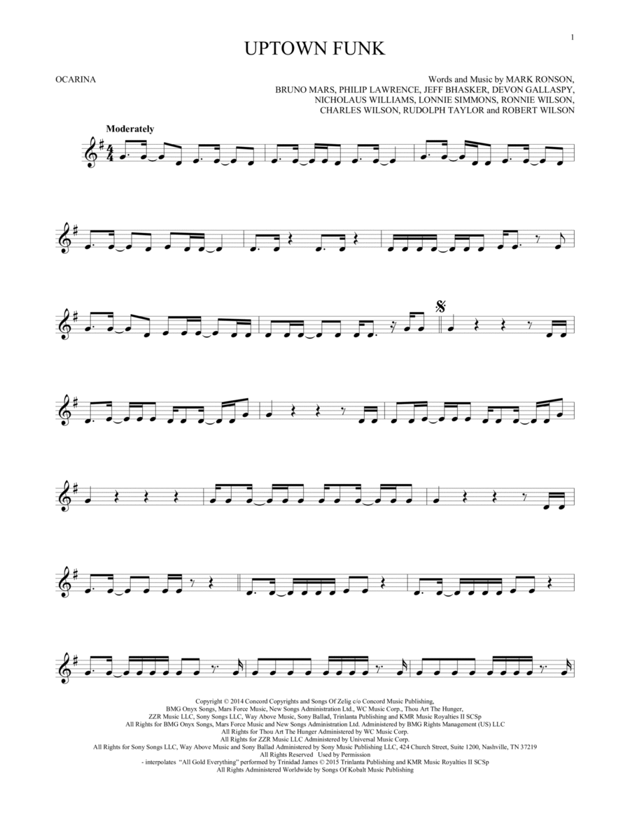 Uptown Funk (feat. Bruno Mars) ocarina scores gallery preview page 1
