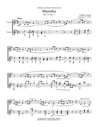 Mazurka, Mesto Op. 33, No 1 for violin and guitar