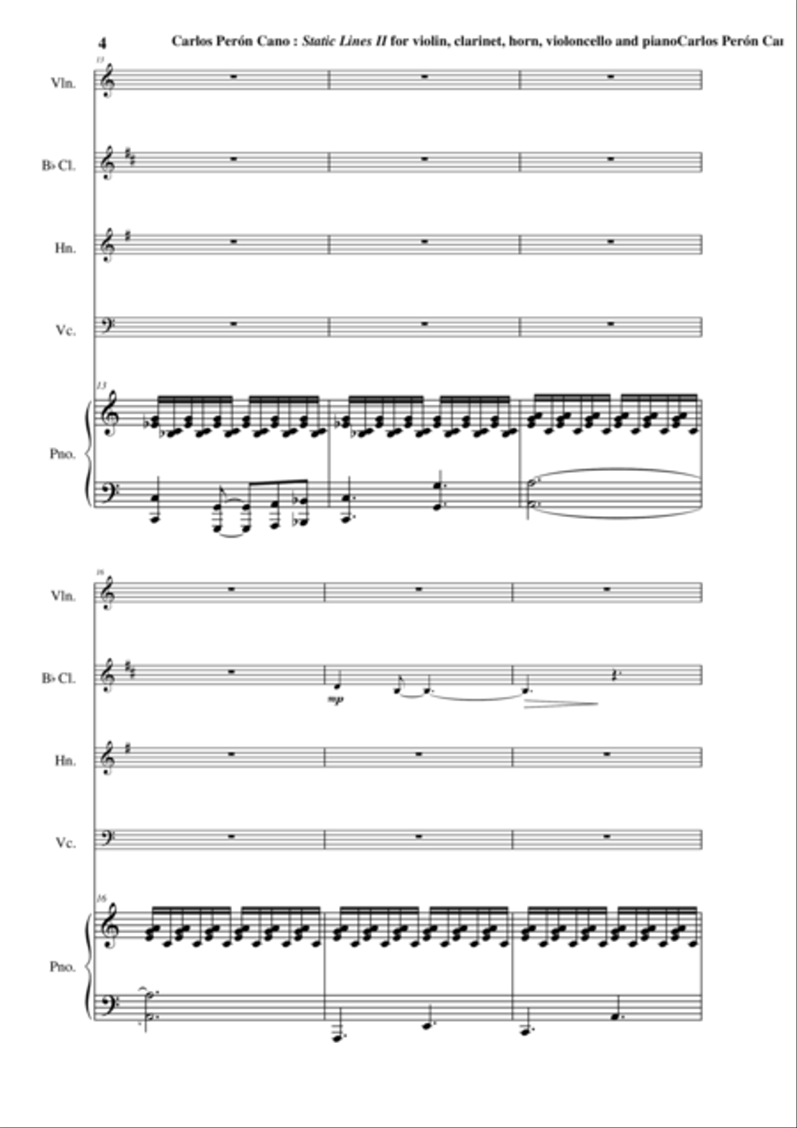 Carlos Perón Cano: Static Lines II (2003) for violin, clarinet in Bb, horn, violoncello and piano Small Ensemble scores gallery preview page 4