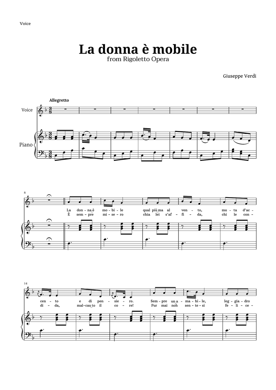 La donna è mobile in F major for Voice and Piano Piano, Vocal scores gallery preview page 1