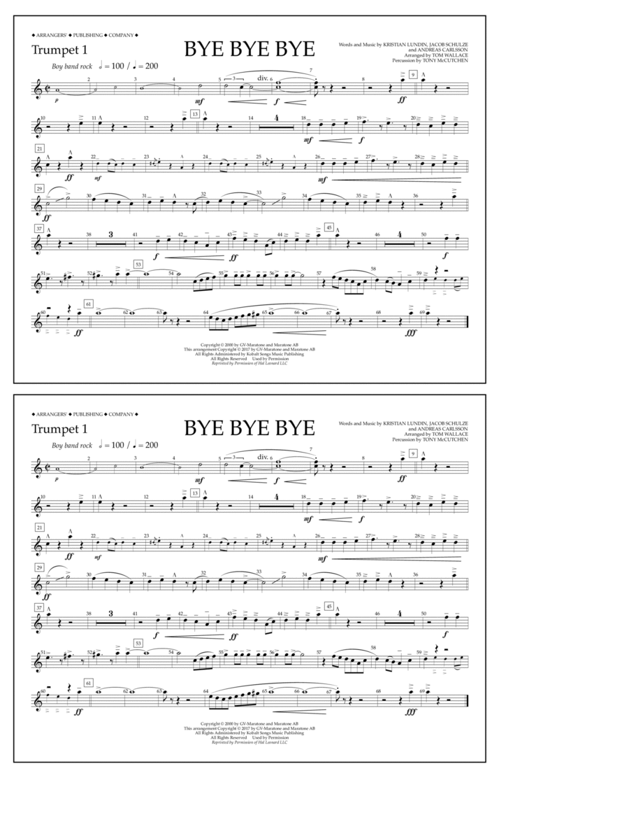 Bye Bye Bye (arr. Tom Wallace) - Trumpet 1 Trumpet scores gallery preview page 1