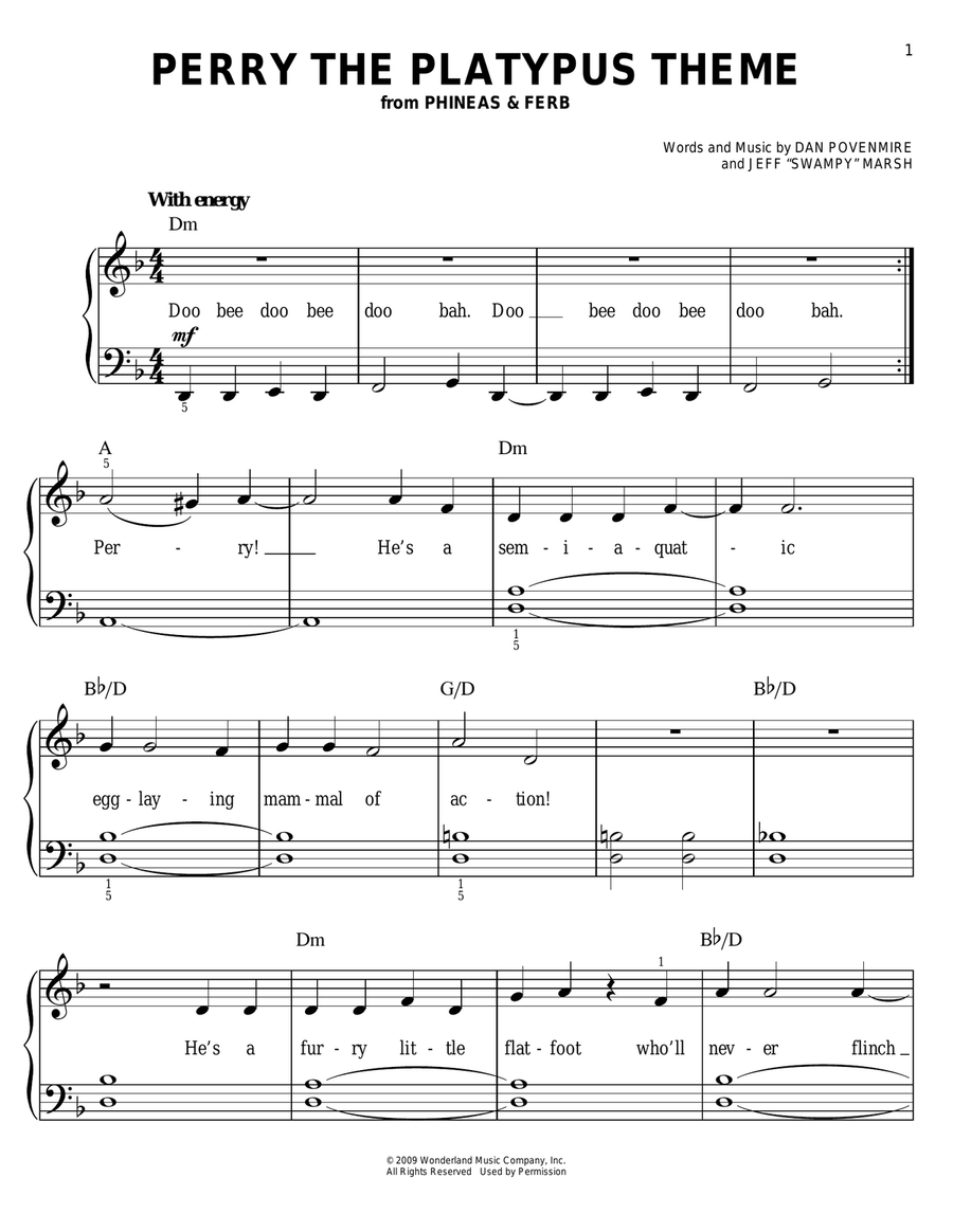 Perry The Platypus Theme Easy Piano scores gallery preview page 1
